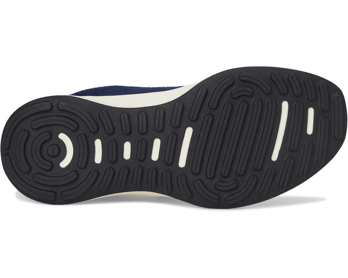 Navy sneaker outsole with thick black rubber tread and off-white midsole edge