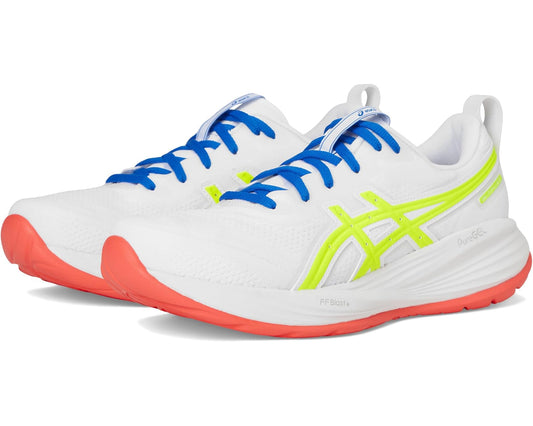Men's running shoe with white upper, blue laces, neon green accents, orange-red sole