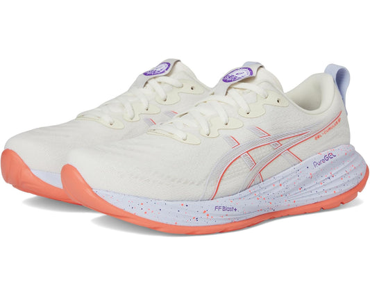 Cream running shoes with purple accents, orange outsole, GEL-style cushioning