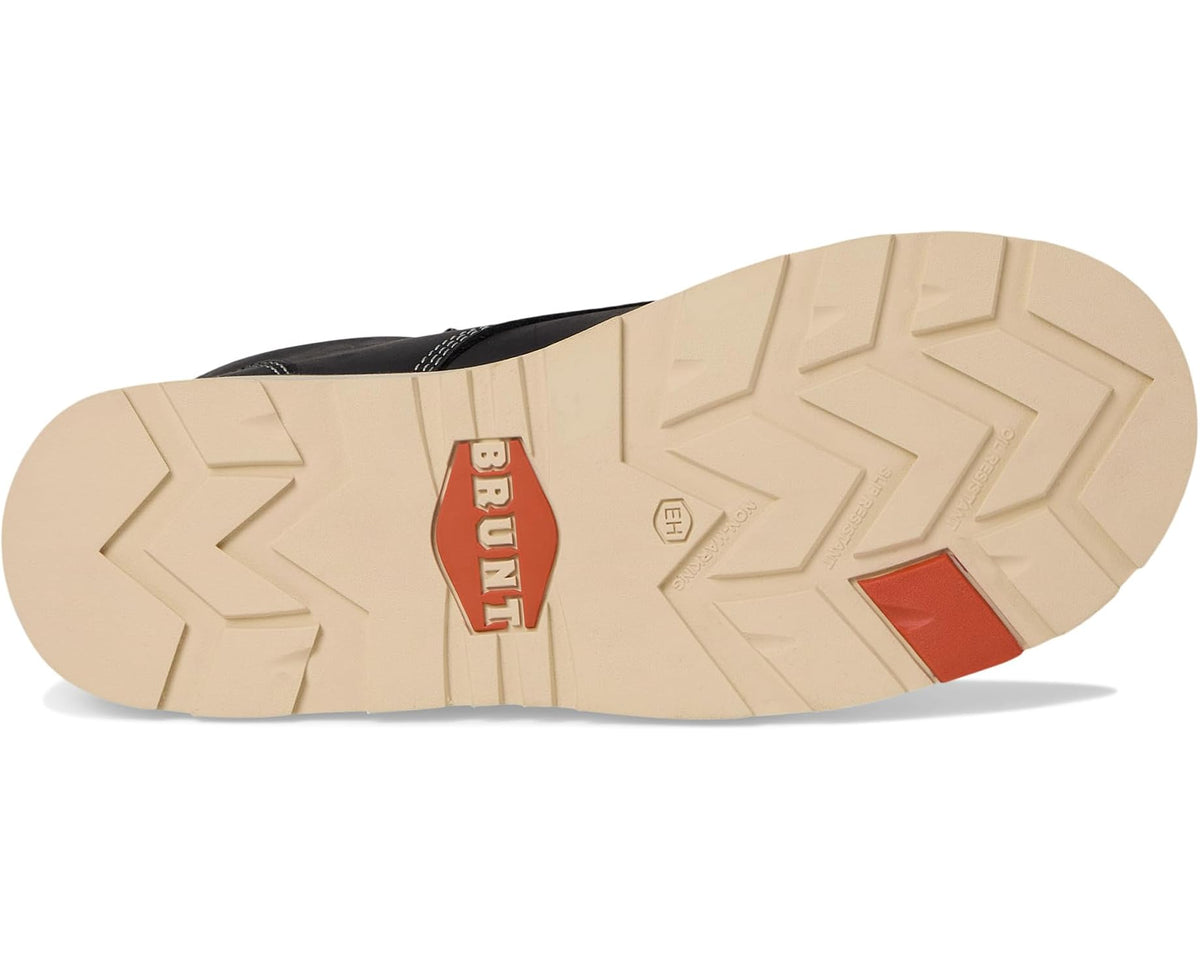 BRUNT Marin comp-toe boot outsole with tread and red BRUNT logo patch
