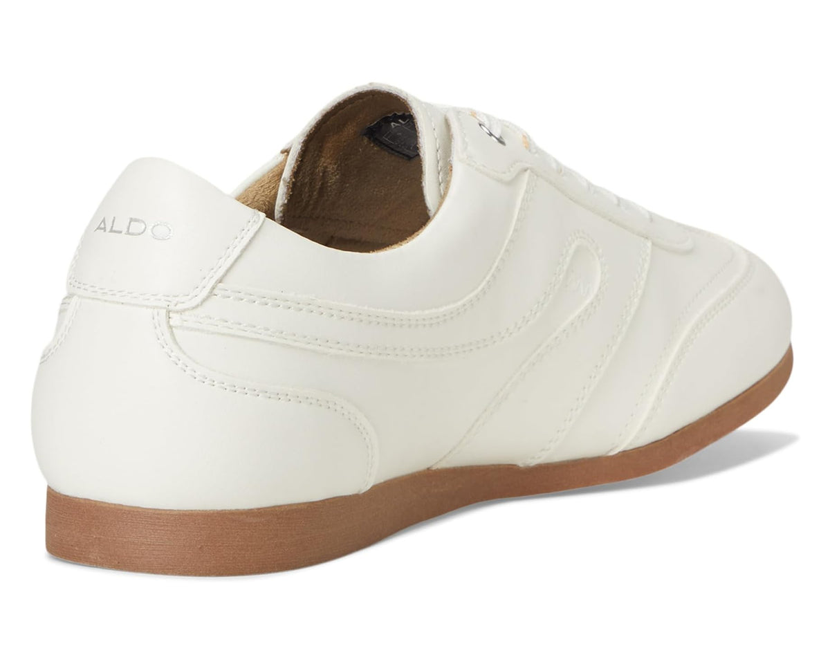 Men's ALDO Aris sneaker back view, white leather heel with tan outsole