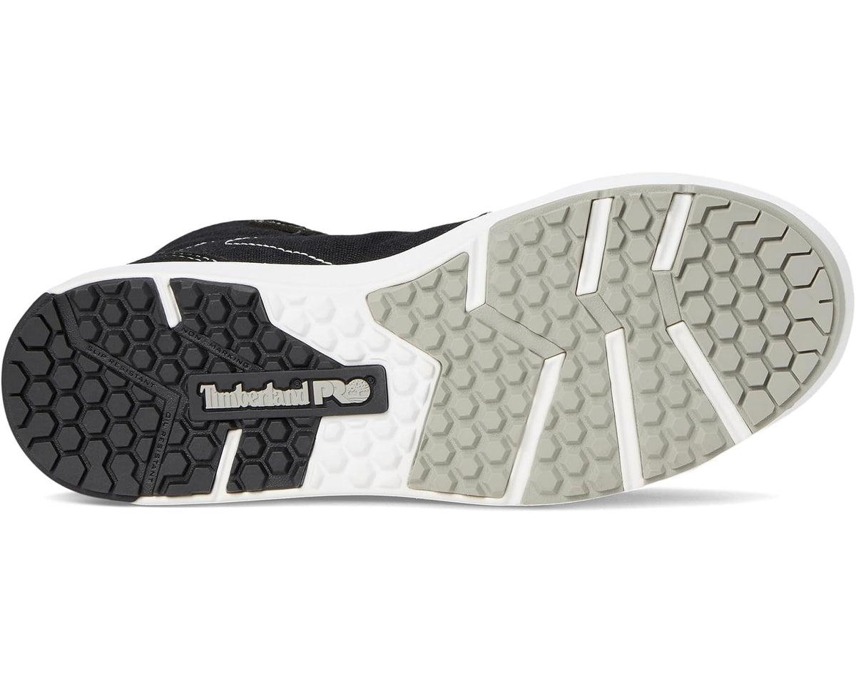 Black composite safety toe sole with grippy tread and Timberland PRO badge