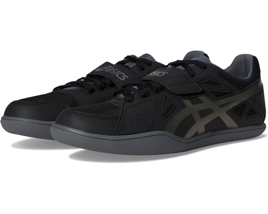 Men's black ASICS lace-up training shoe with gunmetal side stripes and gray sole