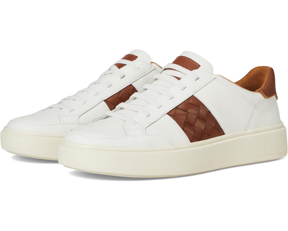 Men's white slip-on sneakers with brown woven leather side panel and cushioned sole