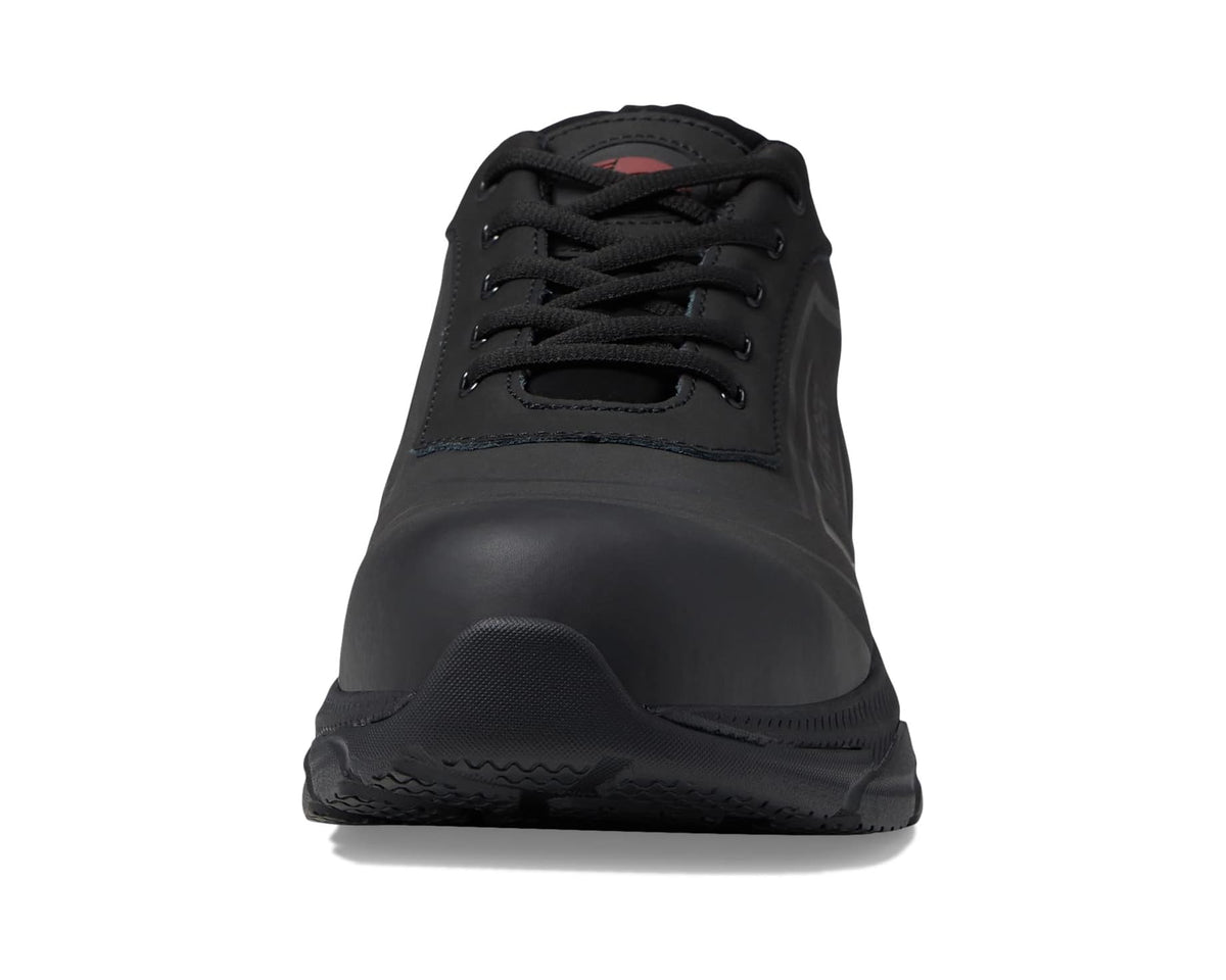Black lace-up work boot front view with rounded toe cap and lace eyelets