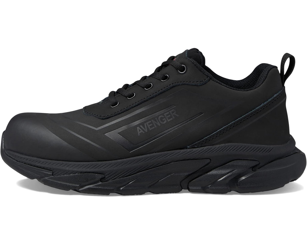 Men's black lace-up work boots with side stripes and cushioned midsole