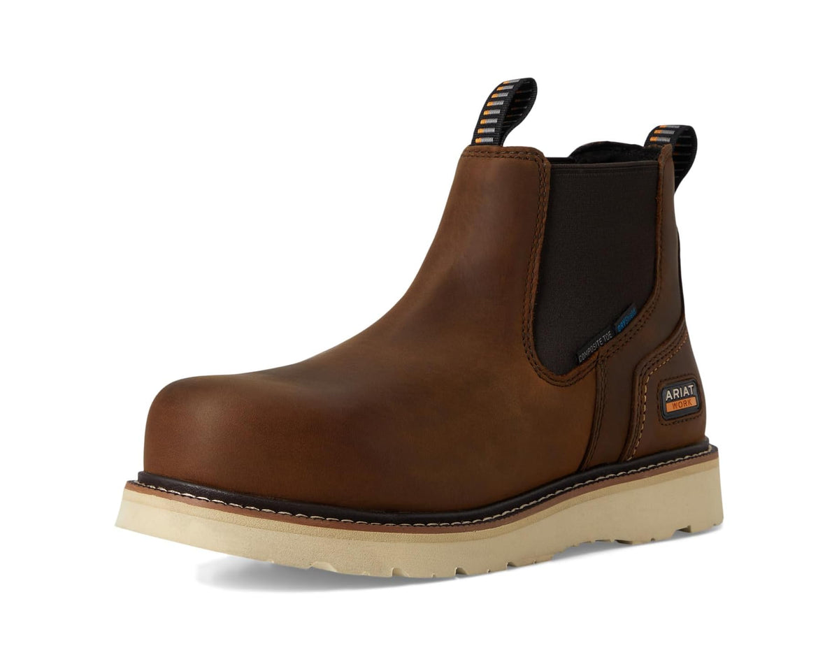Men's Ariat Rebar Wedge Chelsea Waterproof Composite Toe Work Boots Distressed Brown