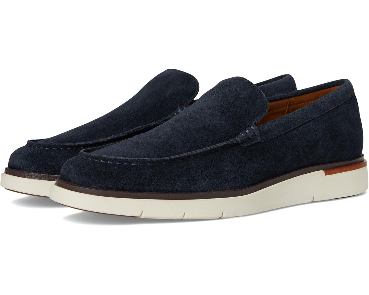 Men's navy suede Venetian loafer with moc-style stitching and rubber cupsole