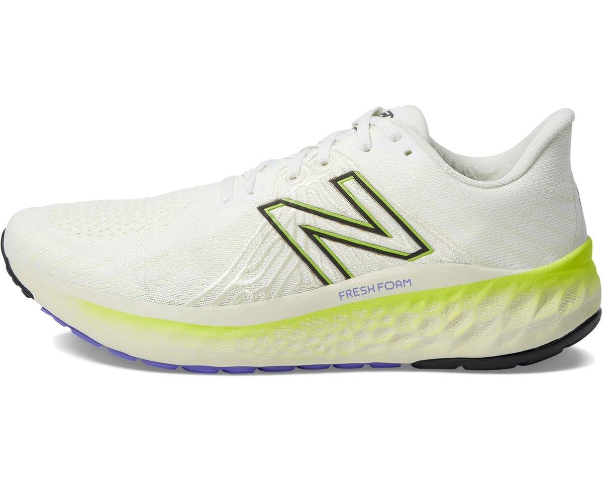 Men's New Balance running shoes, white upper with neon green stripe and purple trim