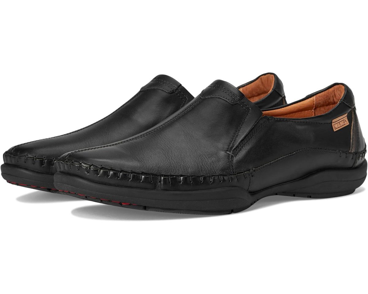 Men's black leather slip-on shoes with side stitching and cushioned rubber sole