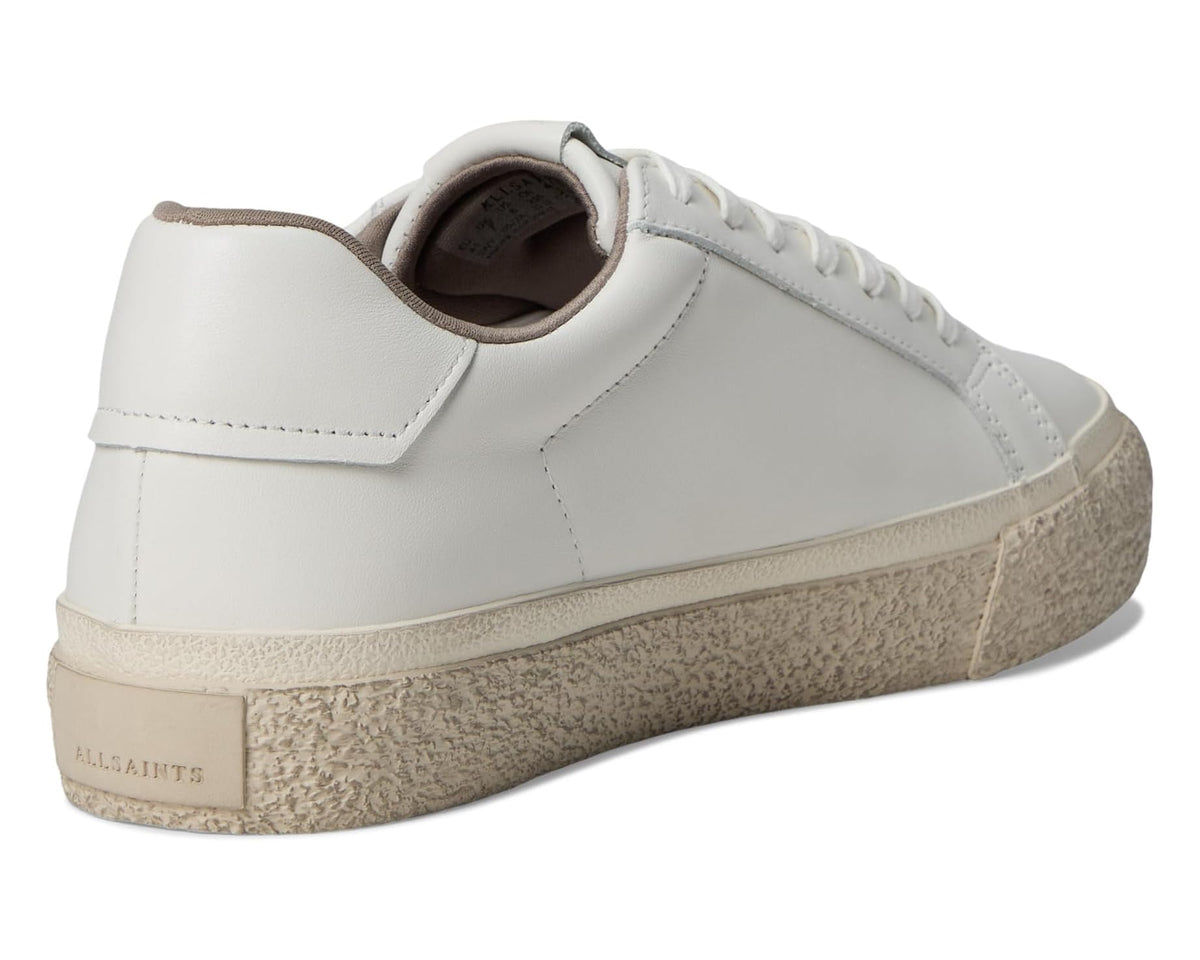 Men's white leather low-top sneakers, heel and collar with stitched back panel