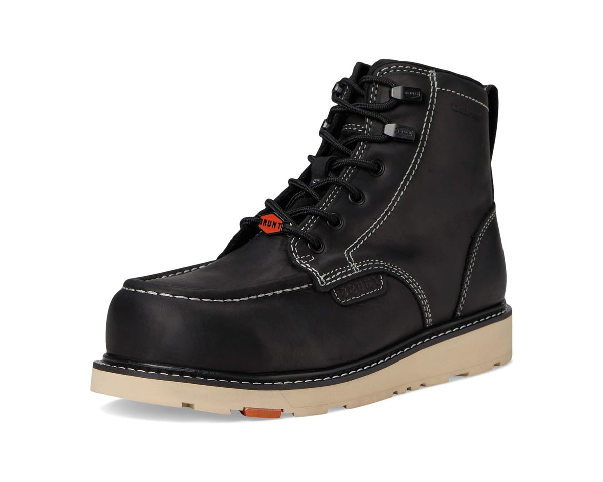 BRUNT Marin comp-toe black lace-up boots with tan outsole and orange tags