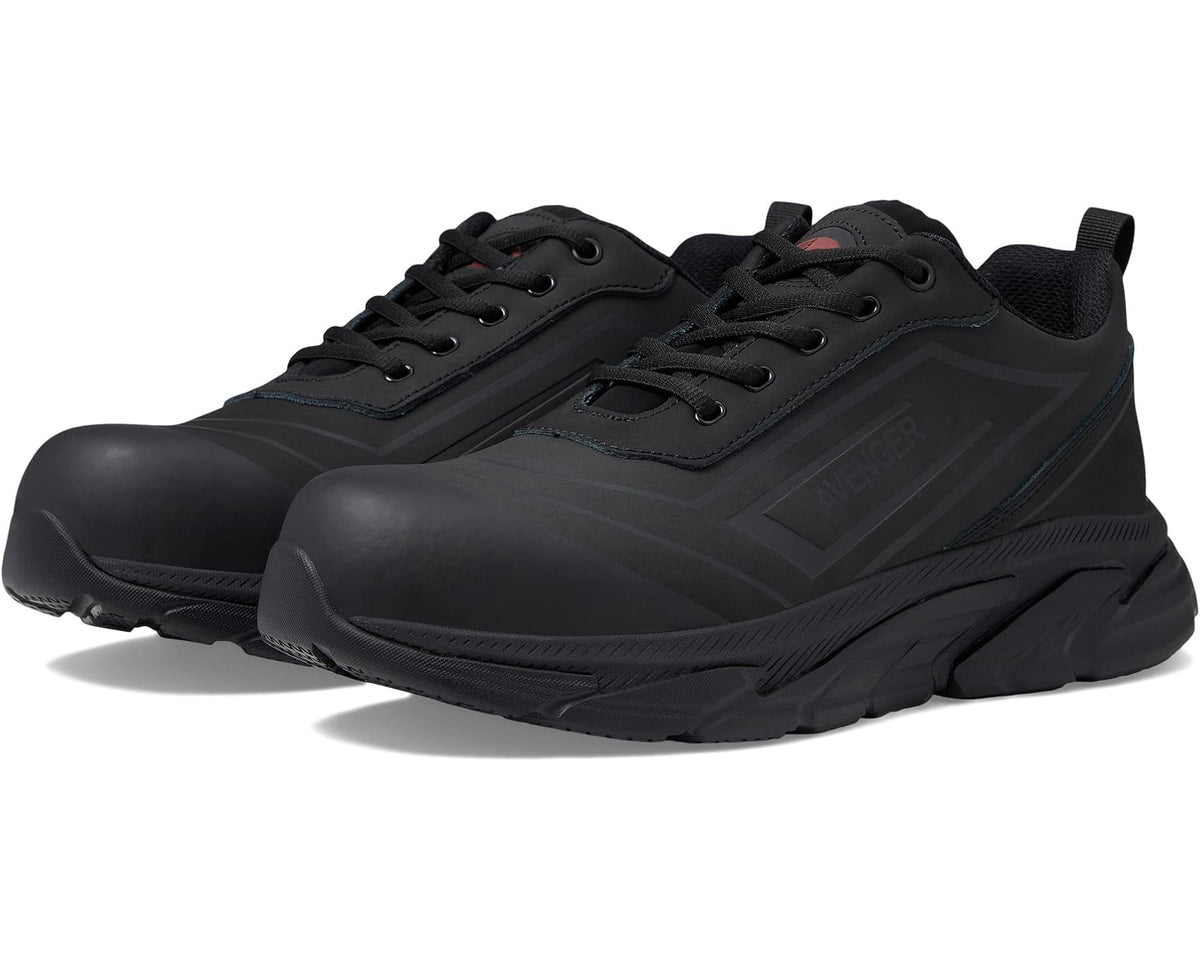 Men's black lace-up work boots with padded collar and rugged rubber outsole