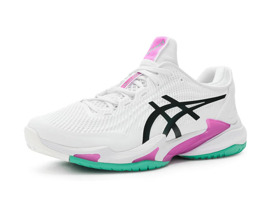 White ASICS court sneakers with pink and teal accents, black logo