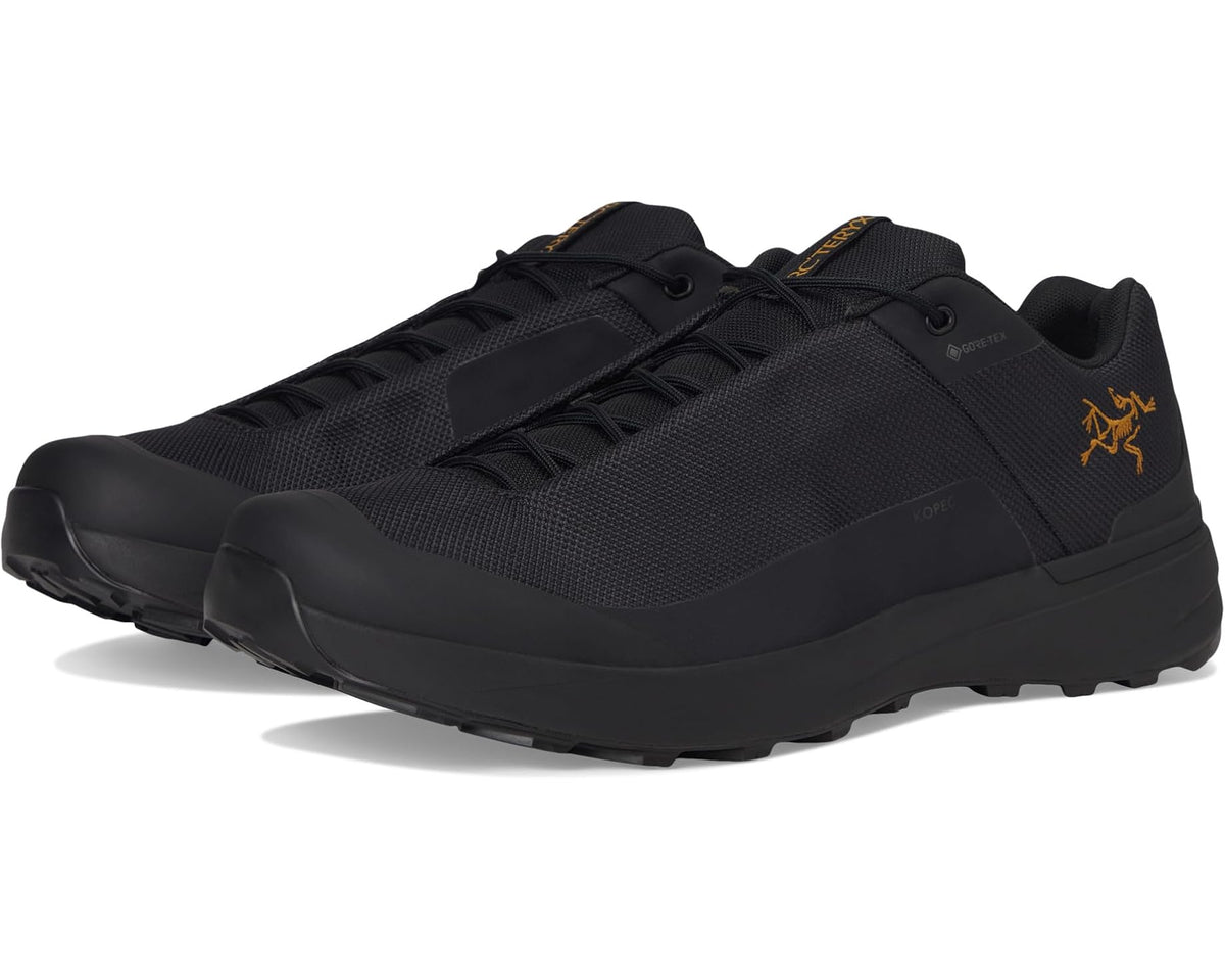 Unisex Arc'teryx Kopec GTX black lace-up running shoes, yellow logo