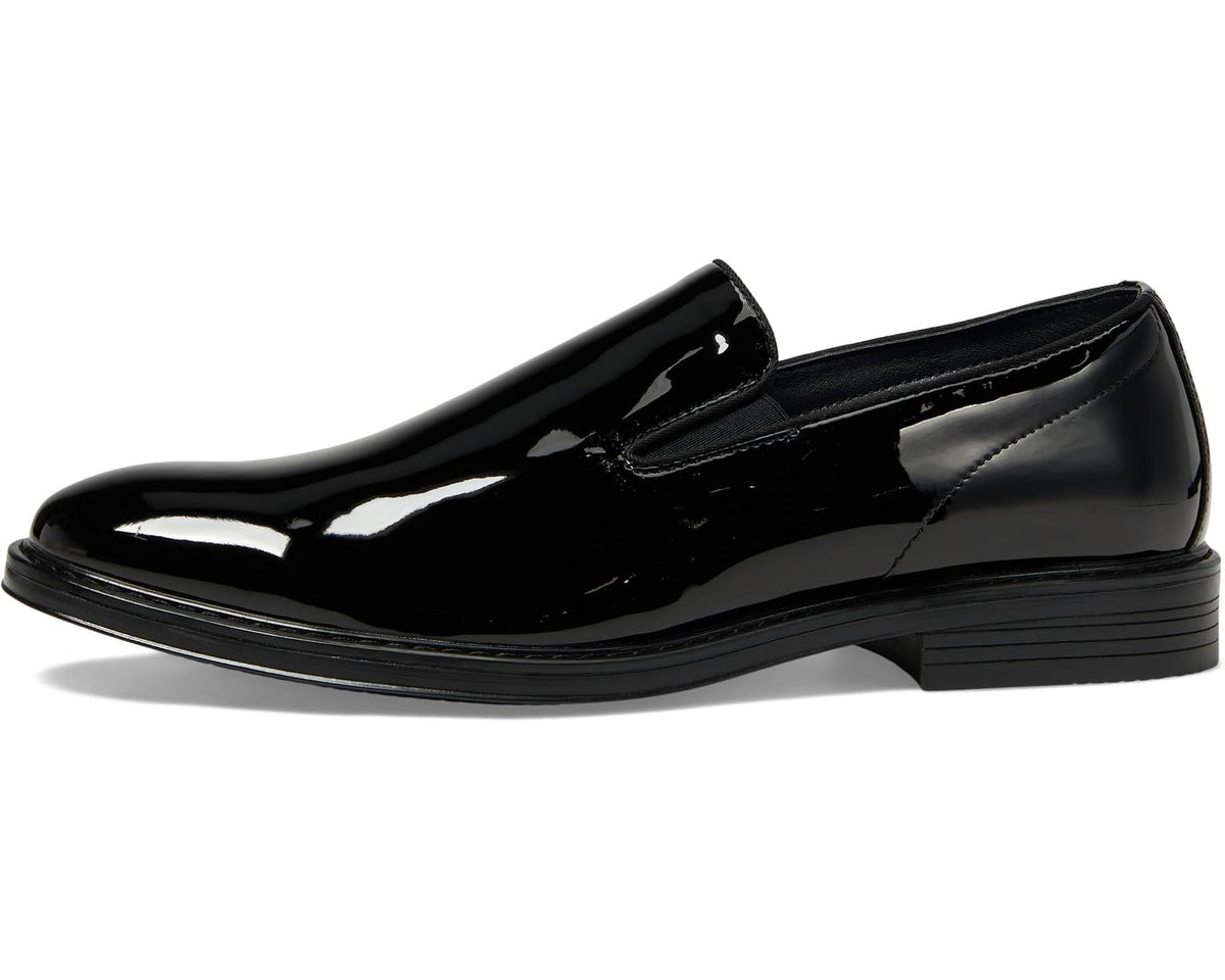 Men's black patent slip-on dress shoe front view with decorative vamp seam