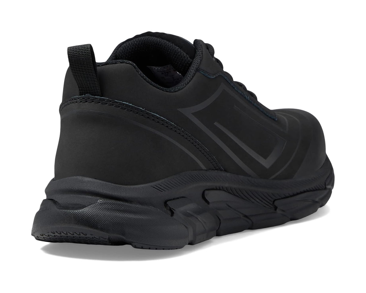Black lace-up work boot profile with padded collar and thick protective sole