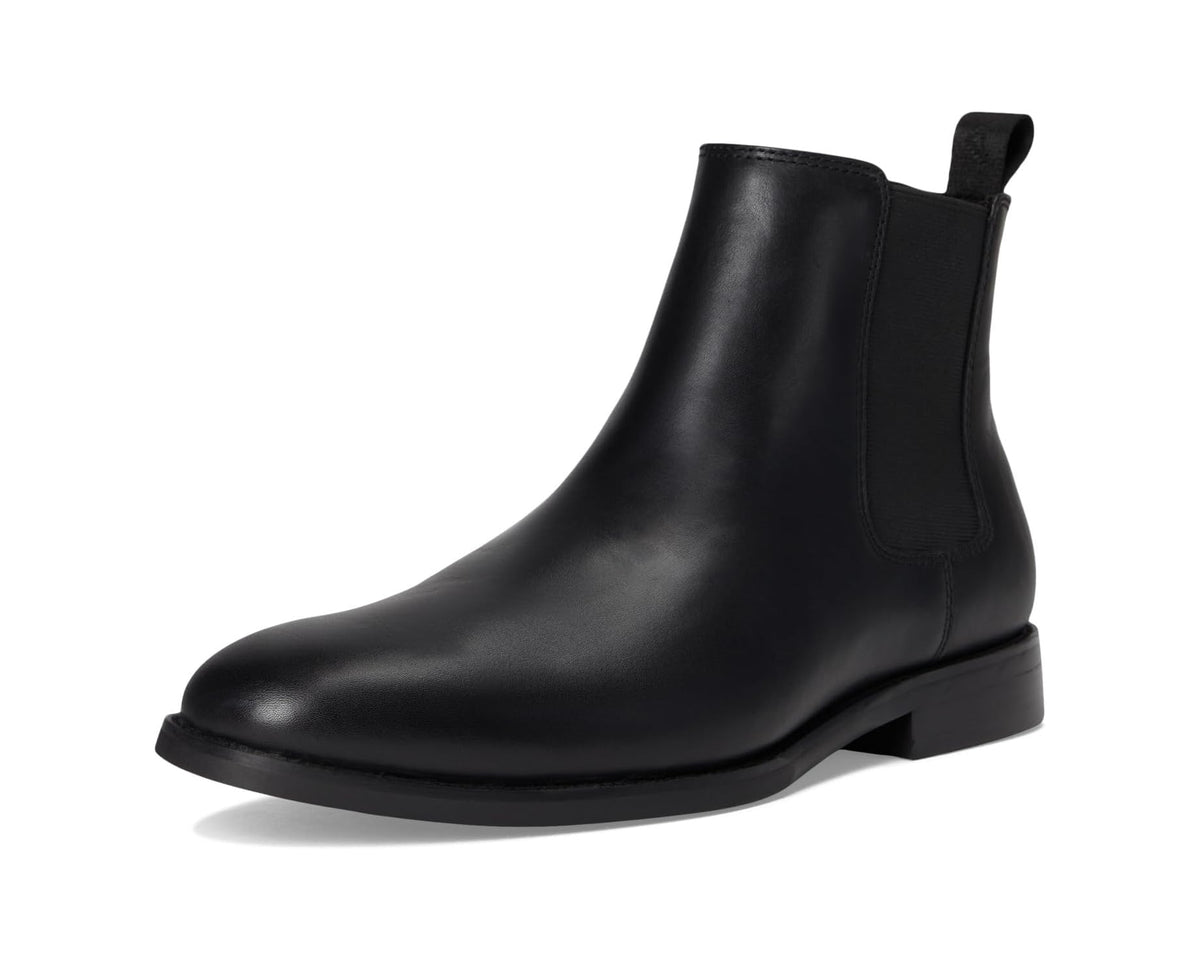 Men's black leather chelsea boot with rounded toe and low block heel