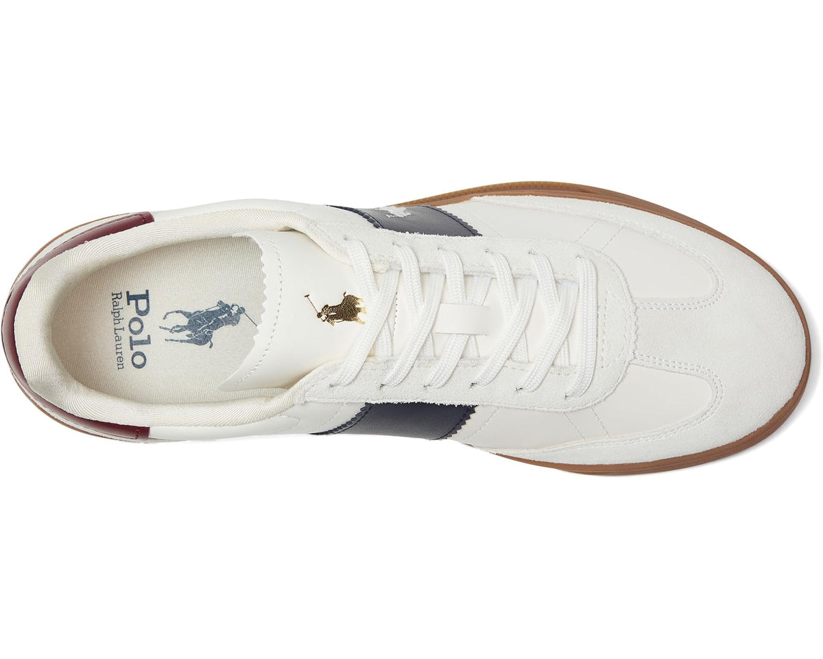 Men's Polo Ralph Lauren sneakers, side view with white leather, navy panel, burgundy trim