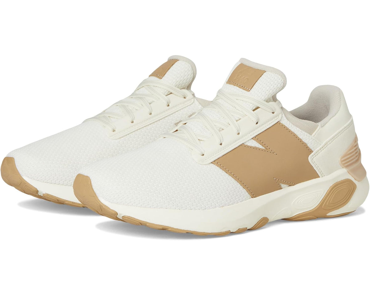 Men's New Balance Fresh Foam X 1440 running shoe, white knit with tan paneling and laces