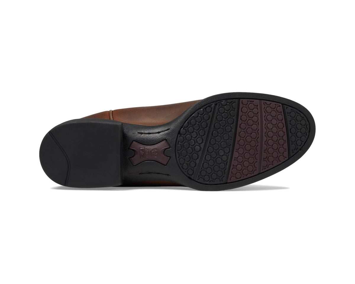 Men's distressed brown roper boots, treaded outsole with side pull tab.