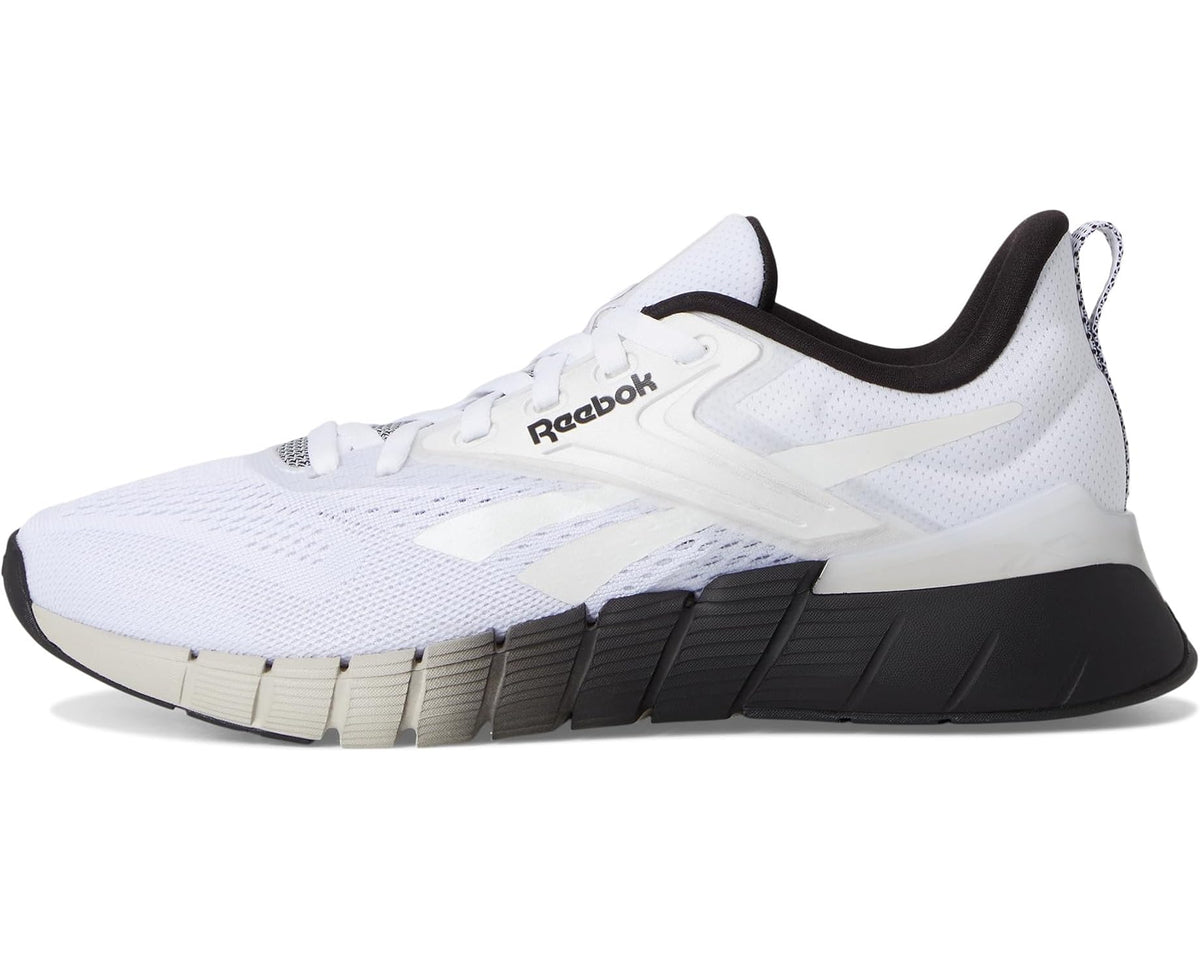 Reebok Nano lace-up gym shoe, white upper with black heel and light-colored side panel