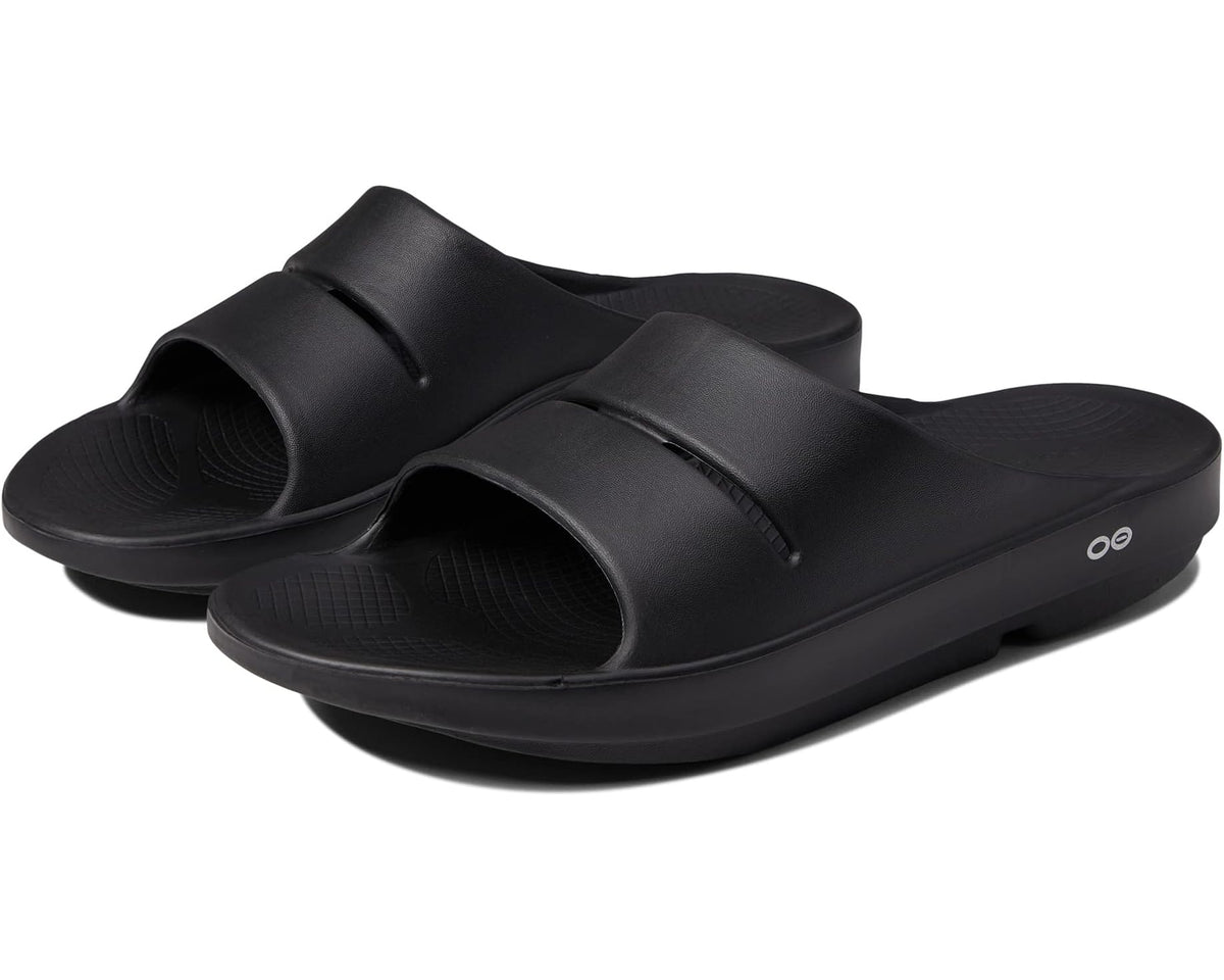 OOFOS unisex OOahh slide sandal in black, open toe with two strap detail