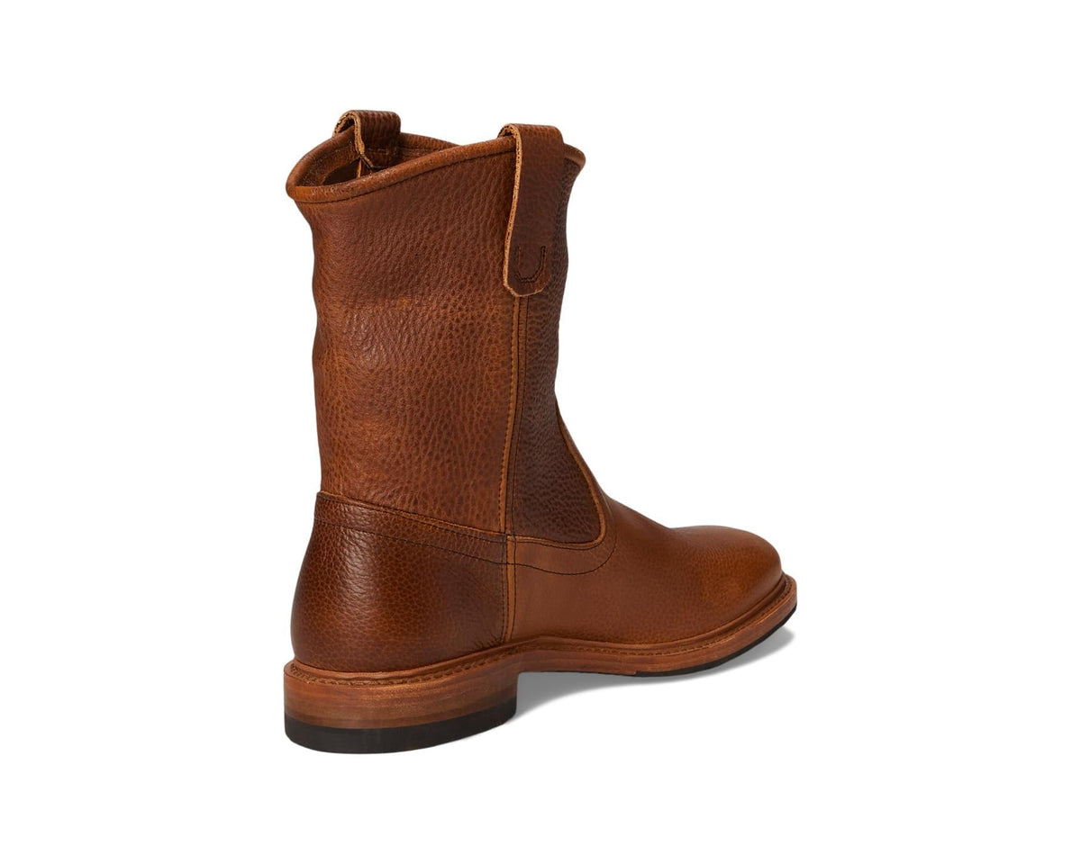 Brown leather ankle boot back view with heel and pull tab