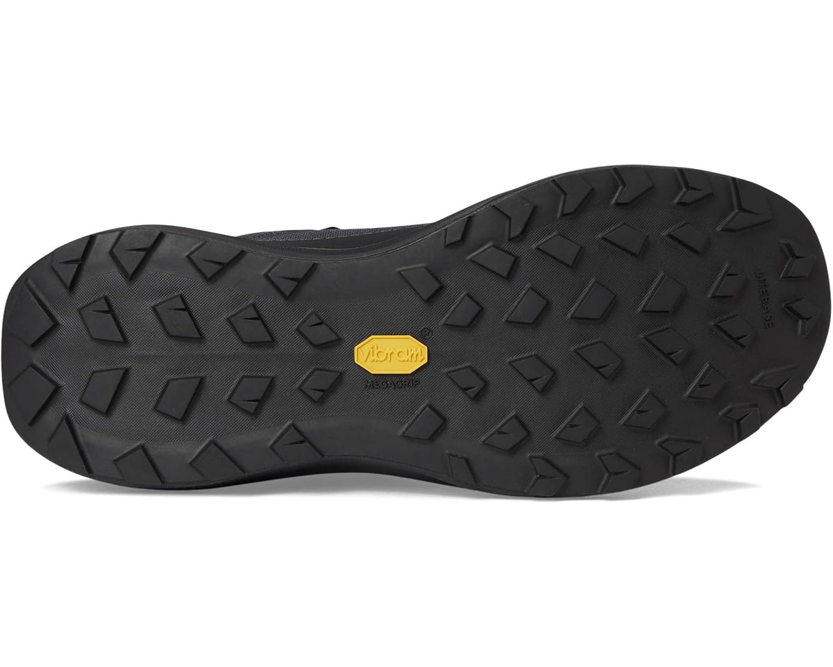 Unisex black trail shoe outsole with deep tread and rubber traction