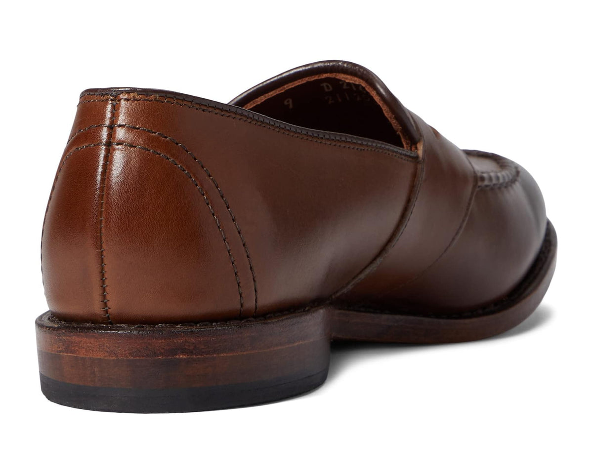 Men's Allen Edmonds Randolph coffee-brown leather loafers, rear view with low block heel.