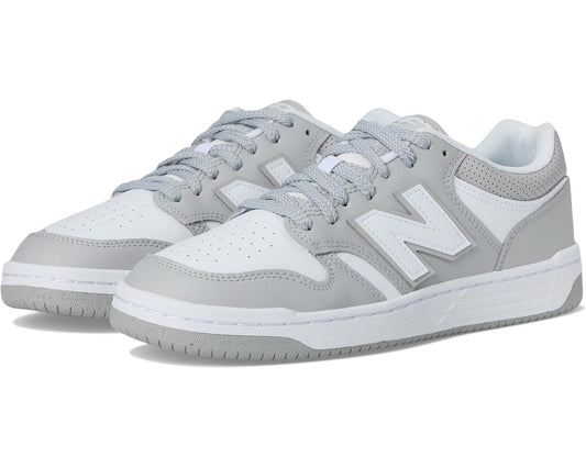 Grey and white low-top lace-up sneakers with N logo and perforated panels