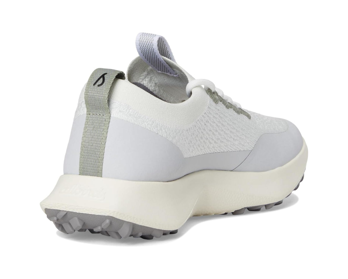 Men's Allbirds sneaker heel view with white upper and trail-style rubber outsole