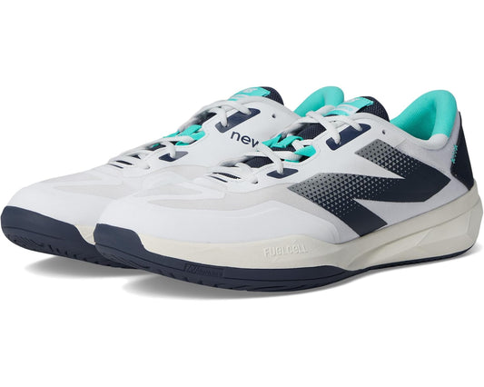 Men's New Balance tennis shoes in white with navy and cyber jade accents