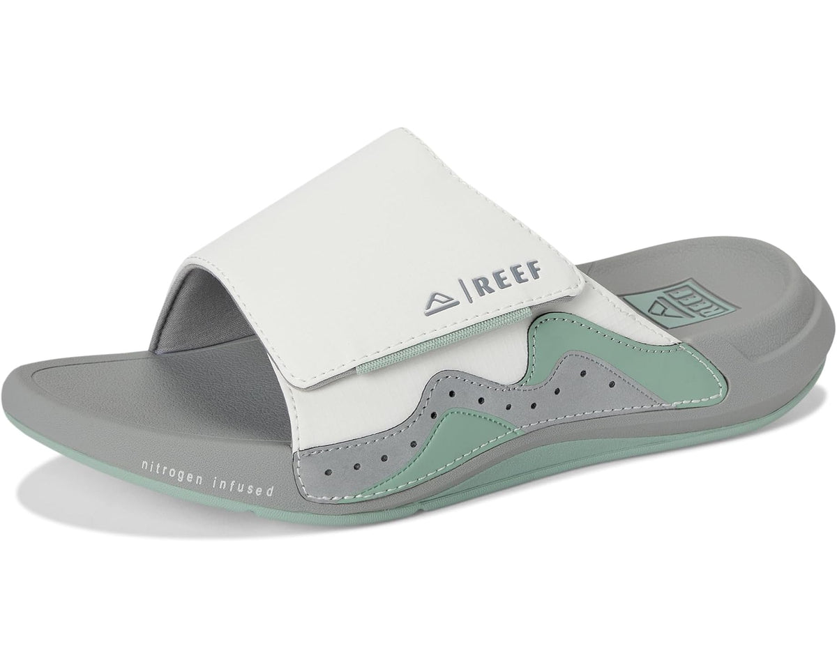 Reef Swell Cruiser slide sandals, white strap over grey footbed with green midsole