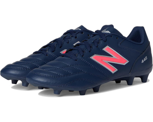 Men's New Balance 442 Academy FG V2 soccer cleats in navy with red and silver accents