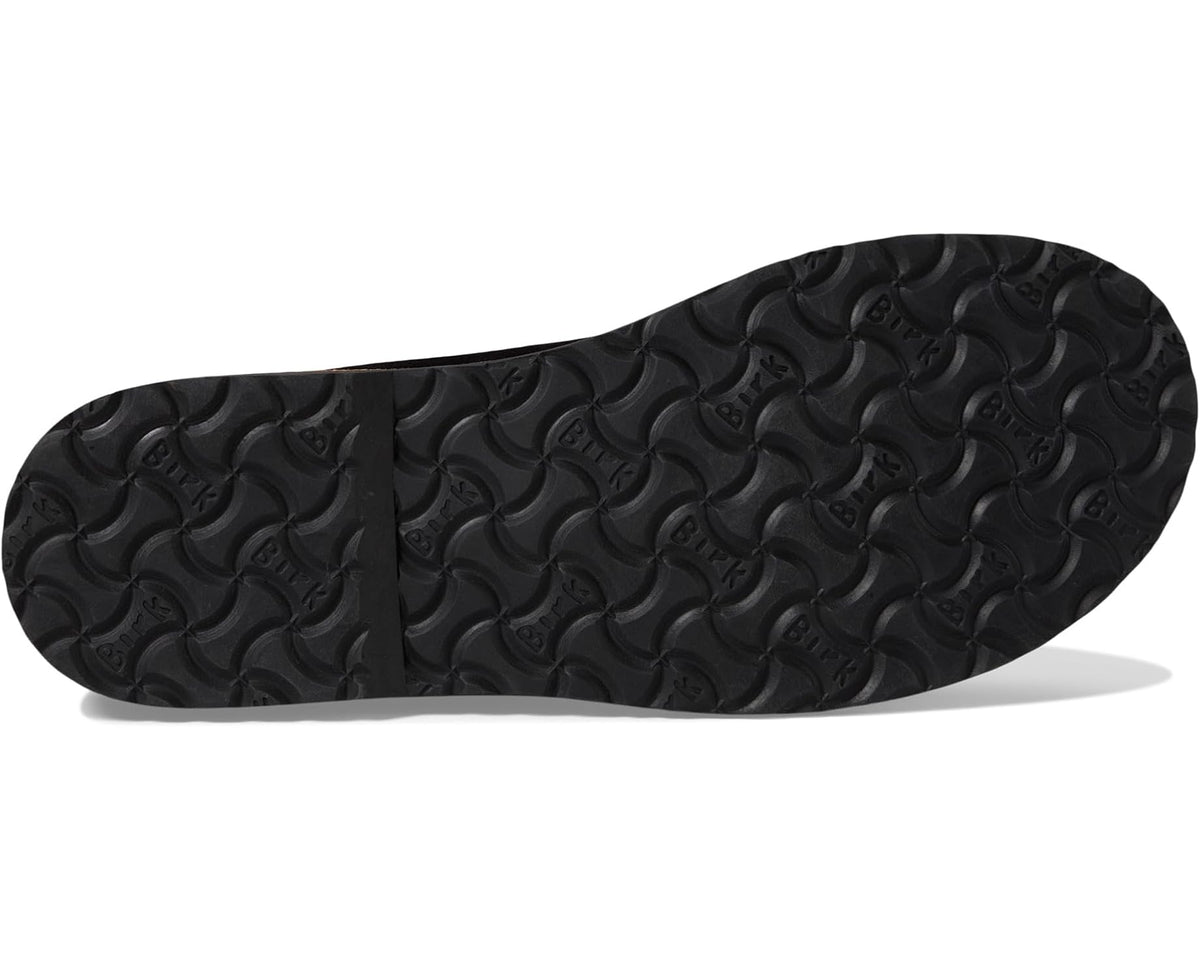 Black outsole of suede mid lace-up boots with tread pattern