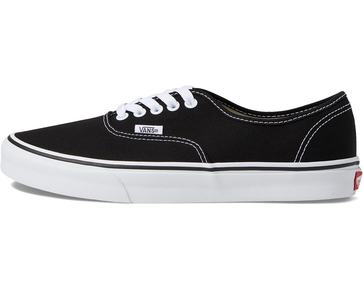 Vans Authentic Wide black canvas sneaker with white laces, stitching, and white rubber toe