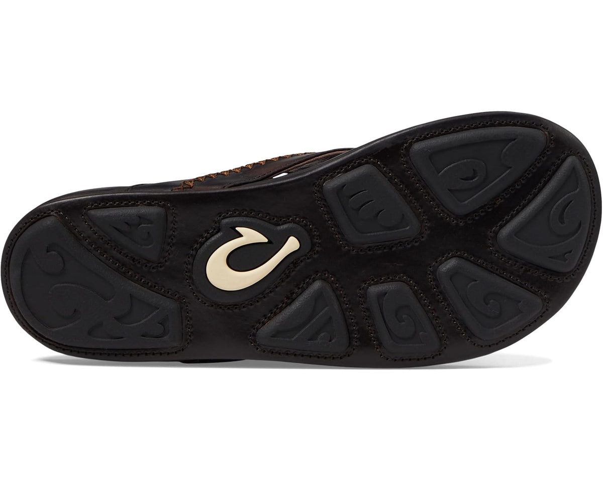 Men's OluKai Mea Ola flip-flops outsole, dark rubber tread with brand emblem
