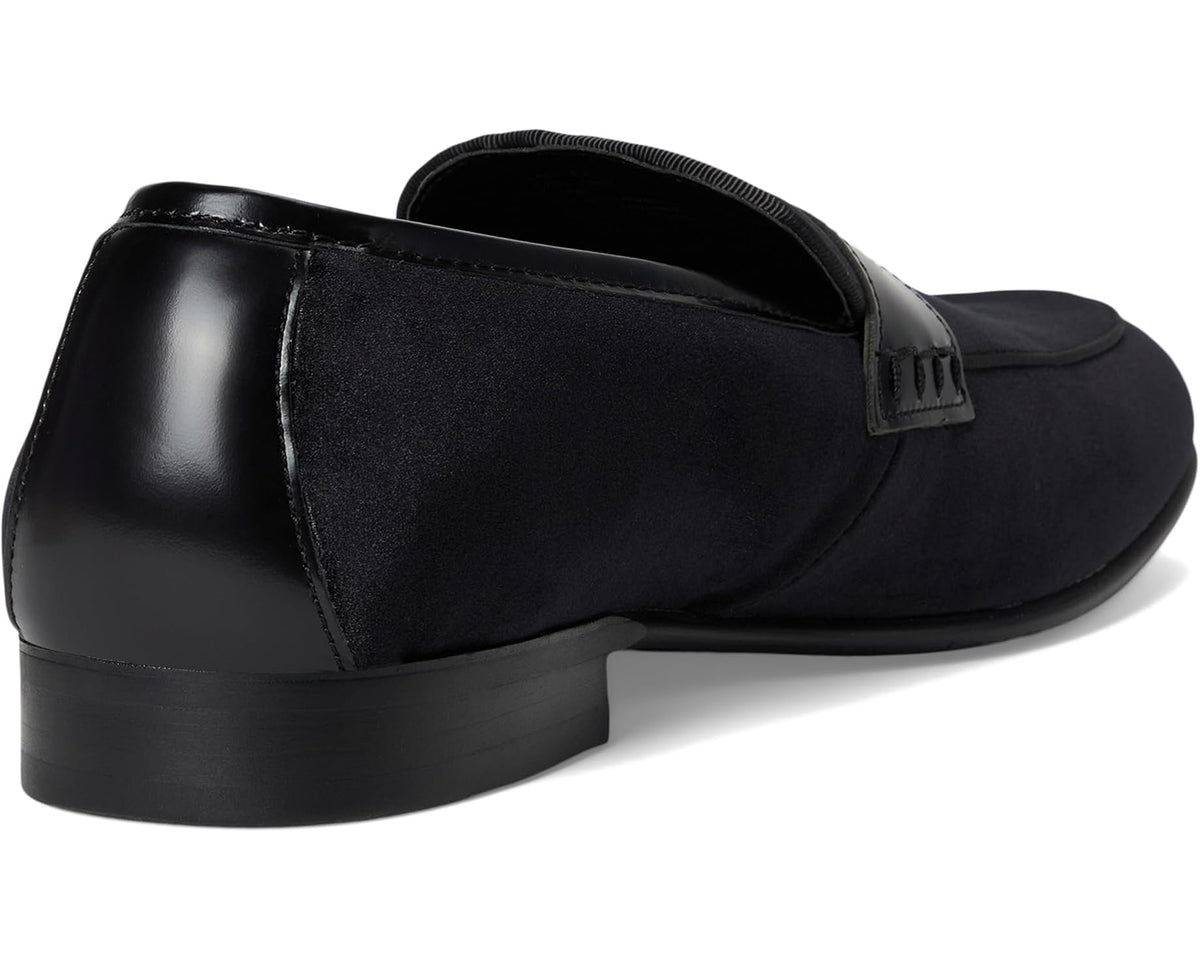 Black suede loafer heel with stitched back and smooth outsole