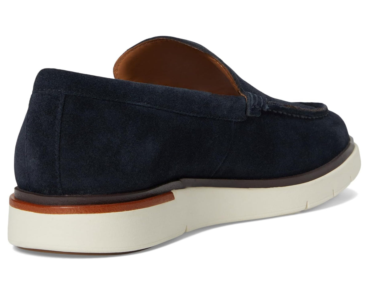 Men's navy suede loafer heel view with tan lining and cushioned rubber cupsole