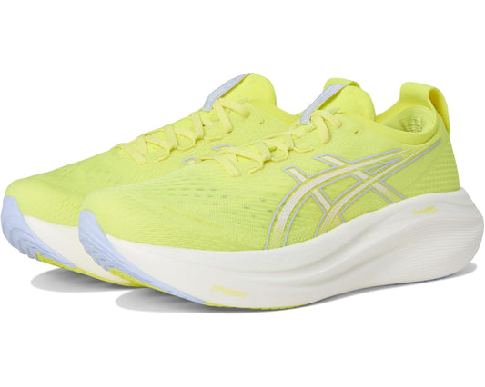 Lime yellow men's running sneaker with white sole and ASICS stripes