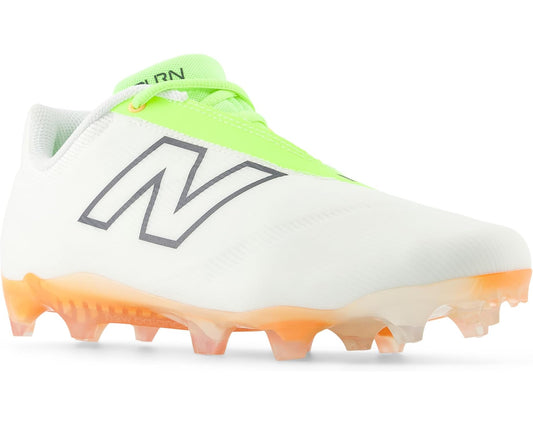White and neon green lacrosse cleat with New Balance N logo and orange studded outsole