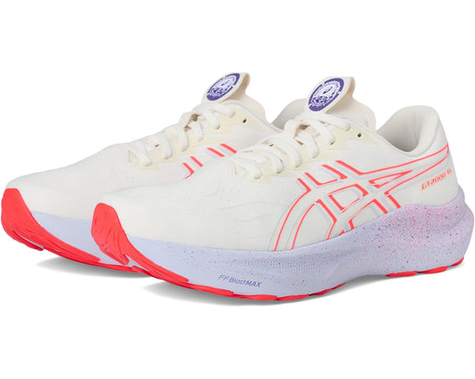 Cream running sneakers with red ASICS stripes, purple heel patch, speckled midsole