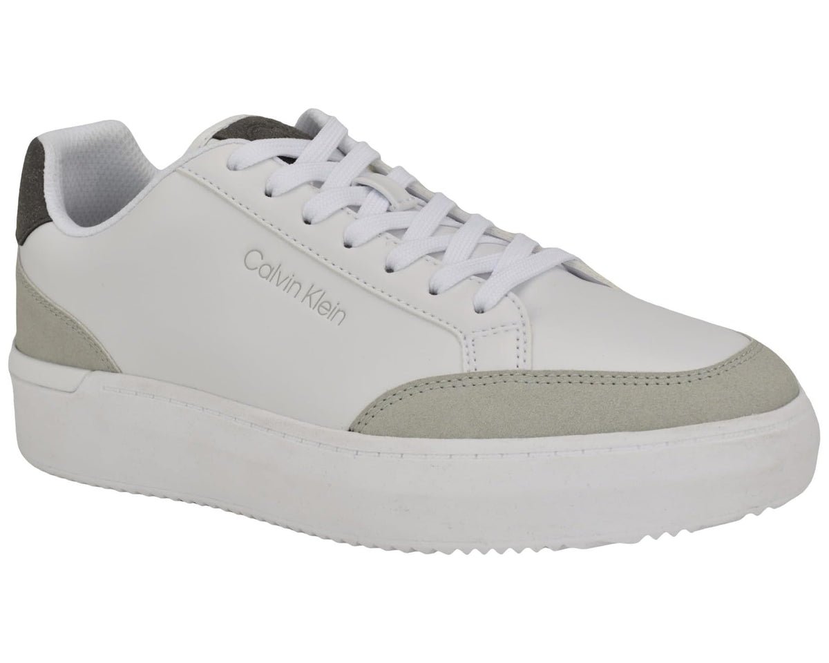 Low-top sneakers with white upper, grey heel, and Calvin Klein side logo