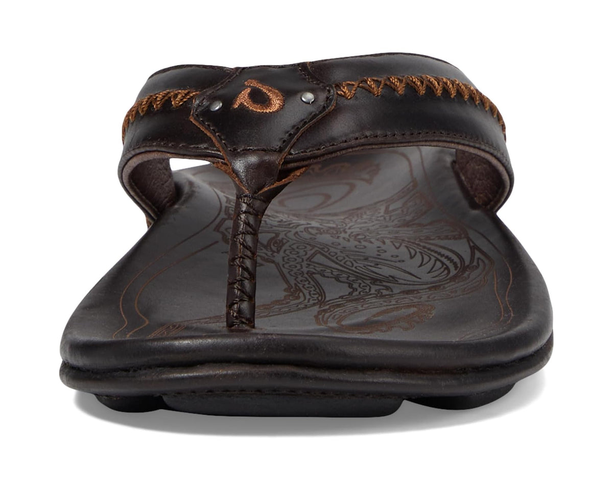 Men's OluKai Mea Ola flip-flops, dark brown leather with embossed footbed detail