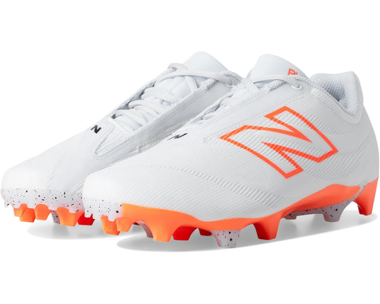 White lacrosse cleat with orange stripes and studded outsole, lace-up front