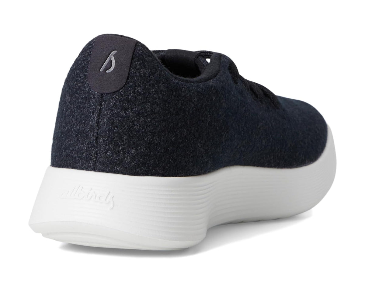Allbirds wool runner sneakers, heel view with logo on back, dark knit, white sole