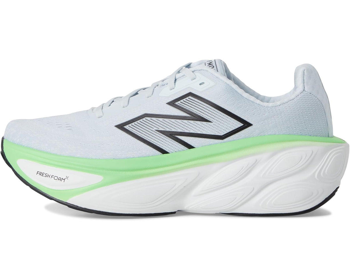 Men's New Balance Fresh Foam X More v5, light blue side view with neon green midsole