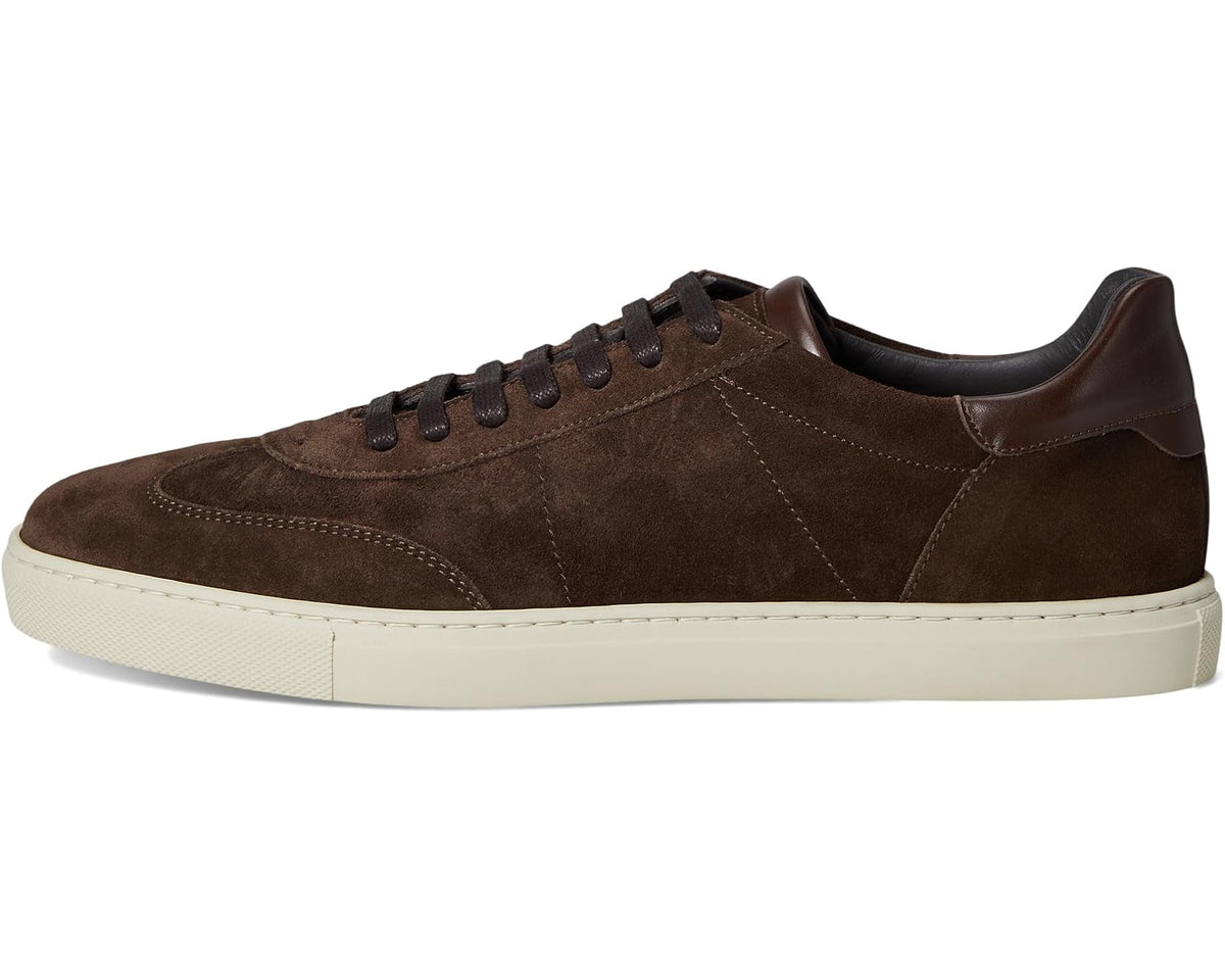Dark brown suede low-top sneakers with lace-up front and white midsole