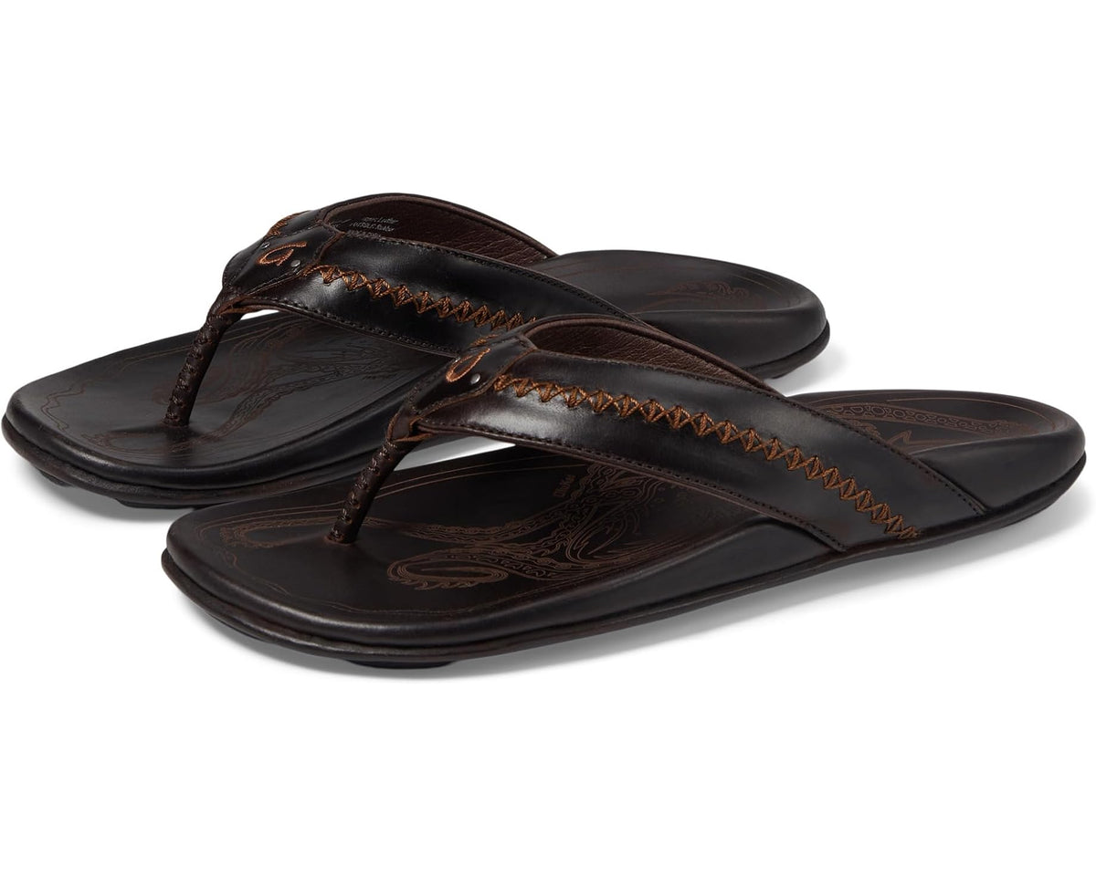 Men's OluKai Mea Ola thong flip-flops, dark brown leather with tan stitch trim